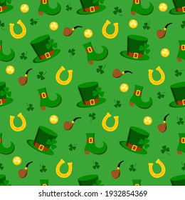 St. Patrick's day seamless pattern. Holiday print with green lucky clover or shamrock clover, horseshoe, leprechaun hat, shoe, pipe. Flat design cartoon style vector patrick endless texture for Irish.