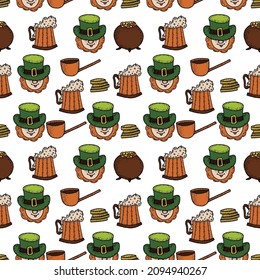 St. Patrick's Day seamless pattern. Vector hand drawn background with green shamrocks leaves, rainbow, golden coins, horse shoue, leprechauns, beer glasses.