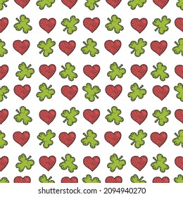St. Patrick's Day seamless pattern. Vector hand drawn background with green shamrocks leaves, rainbow, golden coins, horse shoue, leprechauns, beer glasses.