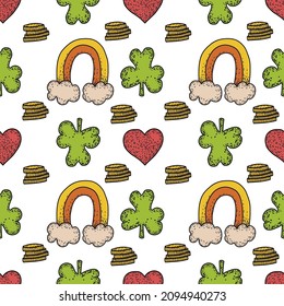 St. Patrick's Day seamless pattern. Vector hand drawn background with green shamrocks leaves, rainbow, golden coins, horse shoue, leprechauns, beer glasses.