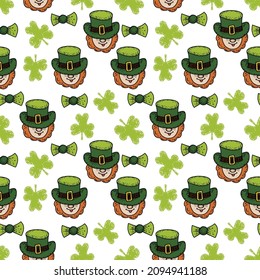 St. Patrick's Day seamless pattern. Vector hand drawn background with green shamrocks leaves, rainbow, golden coins, horse shoue, leprechauns, beer glasses.