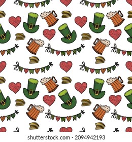 St. Patrick's Day seamless pattern. Vector hand drawn background with green shamrocks leaves, rainbow, golden coins, horse shoue, leprechauns, beer glasses.
