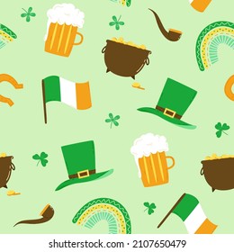 St. Patrick's Day seamless pattern with hat, clover, pot, pipe, flag and rainbow. Vector illustration