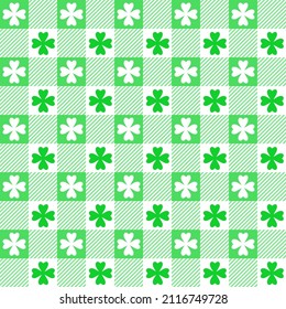 St. Patricks Day seamless pattern. Trefoil on checkered background. Vector.