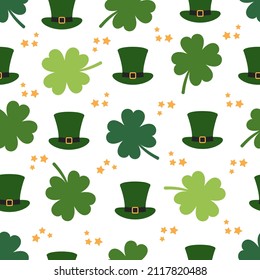 St. Patrick's Day seamless pattern with hat and clover. Vector illustration. St Patrick s Day Clover seamless pattern. Vector illustration for lucky spring design with shamrock. 
