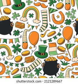 St. Patrick's day seamless pattern with doodles on wgite backgrond. Good for wallpaper, scrapbooking, wrapping paper, backgrounds, textile prints, holiday decor, etc. EPS 10