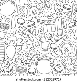 St. Patrick's day seamless pattern with hand drawn doodles. Good for product package, wallpaper, wrapping paper, coloring pages, backgrounds, etc. EPS 10