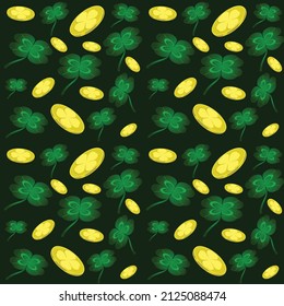 St. Patrick's Day seamless pattern. Gold coins and clover leaves on a green background. Design for packaging, postcards and flyers. Vector illustration.