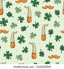 st. Patrick's day seamless pattern decorated with doodles of clover leaves and gnomes. Good for wrapping paper, scrapbooking, textile prints, wallpaper, etc. EPS 10