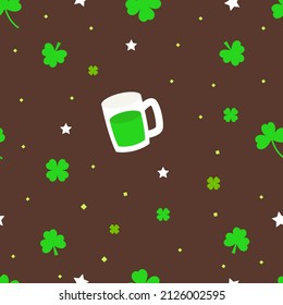 St. Patrick's day Seamless Pattern with Green-Tea Mug, Clover Leaf and stars in brown Color Background