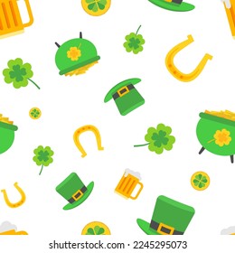 St Patrick's day seamless pattern with light background. Clover luck symbol. Hat, lucky horseshoe, coin, beer, clover signs. Flat design. Vector illustration.