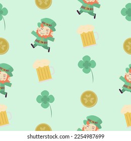 St. Patricks day seamless pattern with leprechaun, lucky coins and clover.