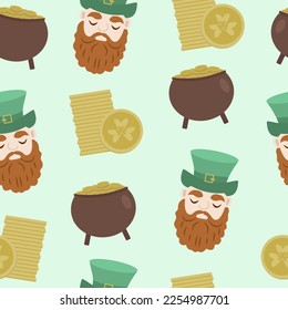 St. Patricks day seamless pattern with leprechaun, lucky coins and pot of coins.