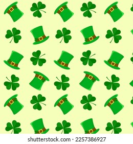 St. Patrick's day seamless pattern. Holiday print with green hats and clovers. Flat design cartoon style vector patrick endless texture for Irish.Repeated backdrop, texture, wallpaper.