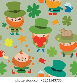St. Patrick's Day seamless pattern. Hand drawn colourful illustration with Leprechauns and St. Patrick's Day symbols. For textile, wrapping paper, packaging, decor, DIY projects.