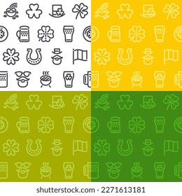St. Patrick's Day Seamless Pattern with Icons. Four different color variants. Isolated on white background. Vector seamless editable pattern in Swatches panel.
