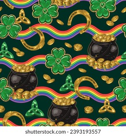 St Patricks day seamless pattern with pot full of golden treasure, rainbow waves, jewelry shamrock charms, scattered coins, horseshoes. Concept of magic trick Vintage illustration