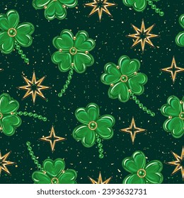 St Patricks Tag nahtloses Muster mit Laube, Glück Shamrock, goldene Sterne, strukturierter dunkler Hintergrund. Vintage-Illustration für Drucke, Textilien, Oberflächendesign