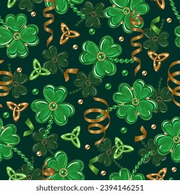 St Patricks day seamless pattern with trefoil, lucky shamrock, scattered beads, party streamers, spiral ribbons, textured wavy dark background. Vintage illustration for prints, textile, surface design