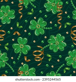 St Patricks day seamless pattern with trefoil, lucky shamrock, scattered beads, party streamers, spiral ribbons, textured wavy dark background. Vintage illustration for prints, textile, surface design