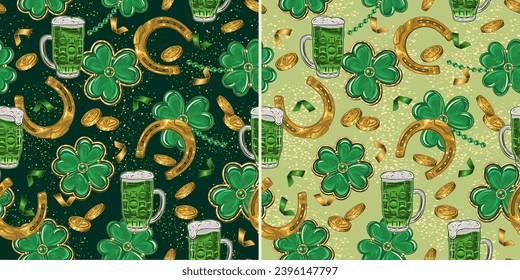 St Patricks day seamless pattern with clover, lucky 4 shamrock leaves, golden horseshoe amulet, scattered coins, confetti, glasses of green beer Vintage illustration for prints, textile holiday design