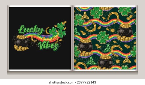 St Patricks day seamless pattern, label with pot full of golden treasure, rainbow waves, jewelry shamrock charms, scattered coins, horseshoes. Concept of magic trick Vintage illustration