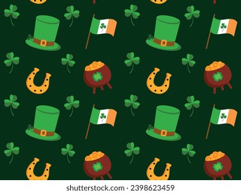 Patrón sin fisuras del Día de San Patricio. Bandera de Irlanda, olla de monedas de oro, rocas de champú, sombrero verde y herradura sobre un fondo verde. Ilustración vectorial para papel de embalaje, textiles, papel pintado, camisetas