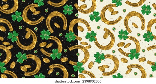 St Patricks Tag nahtloses Muster mit Klee, Glück 4 Blätter Shamrock, goldener Staub, Hufeisenamulet, verstreute Münzen. Vintage-Illustration für Drucke, Textilien, Oberflächendesign