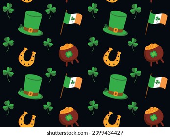 Patrón sin fisuras del Día de San Patricio. Bandera de Irlanda, olla de monedas de oro, rocas de champú, sombrero verde y herradura. Ilustración vectorial para papel envolvente, textiles, papel pintado, camisetas, tazas.