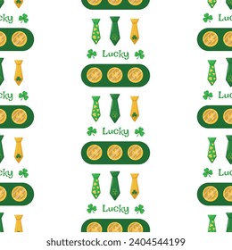 St. Patrick's Day seamless pattern with coins, shamrocks and ties on a white background. Vector illustration. March 17