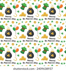 St. Patrick's Day seamless pattern with leprechaun hat, lettering, with balls of the colors of the Irish flag, clover, coins and a horseshoe on a white background. Vector illustration