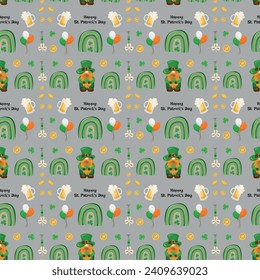 St. Patrick's Day seamless pattern with glasses of beer, rainbows, a leprechaun, coins and horseshoes on a light gray background. Vector illustration
