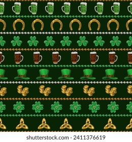 St Patricks Day seamless pattern with holiday objects and symbols, strings of beads. Geometric pattern with horizontal stripes on black background. Vintage illustration for prints, clothing, wrap