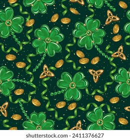 St Patricks day seamless pattern with trefoil, lucky shamrock, scattered golden coins, party streamers, spiral ribbons, Triskele Celtic sign. Vintage illustration for prints, textile, surface design