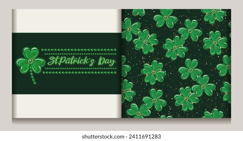 St Patricks Tag nahtloses Muster, Label mit Perlensaiten. Klee, Laube, Glück 4 Blätter Shamrock auf strukturiertem dunklem Hintergrund. Vintage-Illustration für Drucke, Textilien, Oberflächendesign