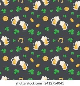 St. Patrick's Day seamless pattern with beer glasses, coins, clover, horseshoes on dark gray color. Vector illustration.