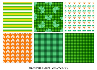 St. Patrick's Day seamless pattern set. Saint Patricks holiday tartan plaid ornament in green, orange, white colors. Vector design for party celebration