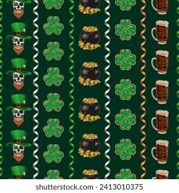 St Patricks Day seamless pattern with holiday objects and symbols, spiral party streamer. Geometric pattern with vertical stripes on dark background. Vintage illustration for prints, wrapping paper