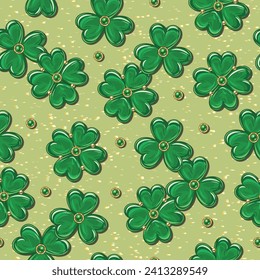 El patrón de los Simpatizantes es fluido con trébol disperso, trébol, afortunado 4 hojas shamrock en el fondo oscuro texturado. Ilustración vintage para impresiones, textiles, diseño de superficie