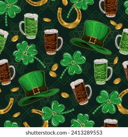 St Patricks day seamless pattern with leprechaun hat, beer, scattered golden coins, horseshoe, shamrock leaves on dark textured background. Vintage illustration for holiday design