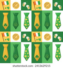 St. patrick's day seamless pattern with ties, beer and coins.Wrapping paper, scrapbooking, stationery, packaging, wallpaper, textile prints. Vector illustration