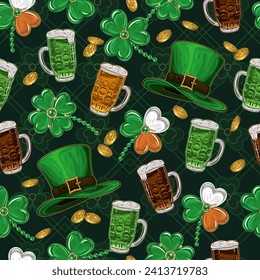 St Patricks day seamless pattern with leprechaun hat, beer, scattered golden coins, shamrock leaves on dark textured background. Vintage illustration for holiday design