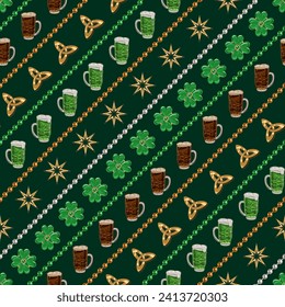 St Patricks Day seamless pattern with holiday objects and symbols, bead strings. Geometric pattern with diagonal stripes on dark background. Vintage illustration for prints, wrapping paper