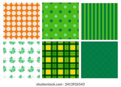 St. Patrick's Day seamless pattern set. Saint Patricks holiday tartan plaid ornament in green, orange, white colors. Vector design for party celebration