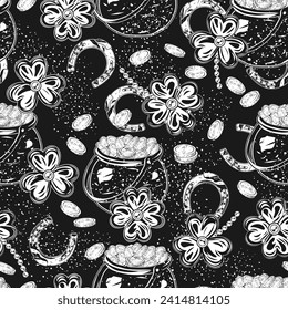 St Patricks day seamless pattern with shamrock leaves, pot full of treasure, horseshoe, scattered coins. Vintage illustration for prints, textile, surface design