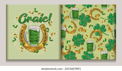 Patrón sin soldadura del día de San Patrón, etiqueta con trébol, afortunado 4 hojas de shamrock, amuleto de herradura dorada, monedas dispersas, confeti, copas de cerveza verde Ilustración sobre fondo verde claro