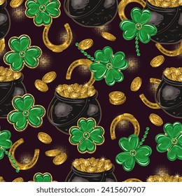St Patricks day seamless pattern with jewelry shamrock charms, pot full of golden treasure, golden horseshoe, scattered coins. Vintage illustration for prints, textile, surface design