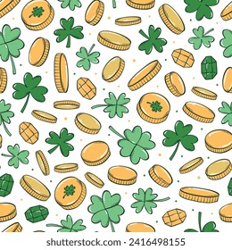 St. Patrick's day seamless pattern with clovers and gold coins for textile prints, wallpaper, wrapping paper, scrapbooking, backgrounds, etc. EPS 10