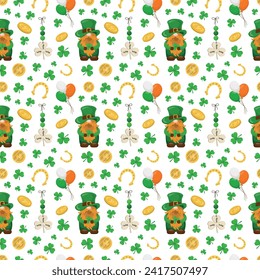 St. Patrick's Day seamless pattern with leprechauns, coins and clover, horseshoe, lucky symbol and Irish flag balloons on white background. Vector illustration