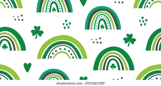 St. Patrick's Day seamless pattern. Hand drawn rainbows with shamrock symbols. Cute rainbow bridges for Patricks Day. Vector illustration.